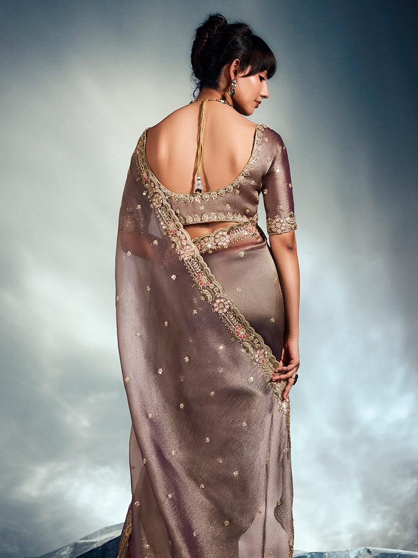 Monjolika Fashion Light Brown Tissue Organza Saree With Moti, Cutdana & Sequins Work