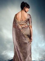 Thumbnail for Monjolika Fashion Light Brown Tissue Organza Saree With Moti, Cutdana & Sequins Work