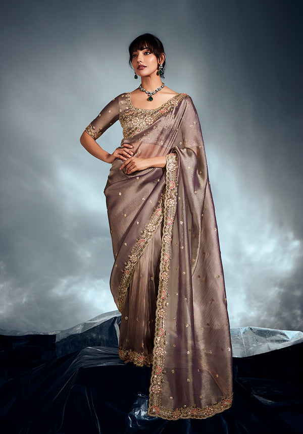 Monjolika Fashion Light Brown Tissue Organza Saree With Moti, Cutdana & Sequins Work