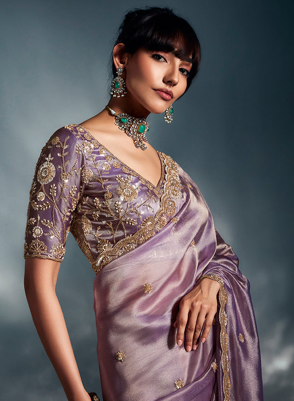 Monjolika Fashion Lilac Tissue Organza Saree With Moti, Cutdana & Sequin Work