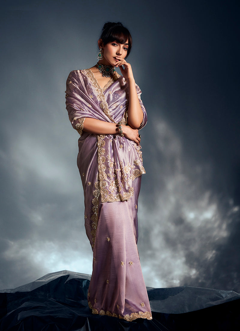 Monjolika Fashion Lilac Tissue Organza Saree With Moti, Cutdana & Sequin Work
