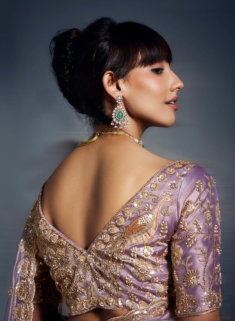 Monjolika Fashion Lilac Tissue Organza Saree With Moti, Cutdana & Sequin Work