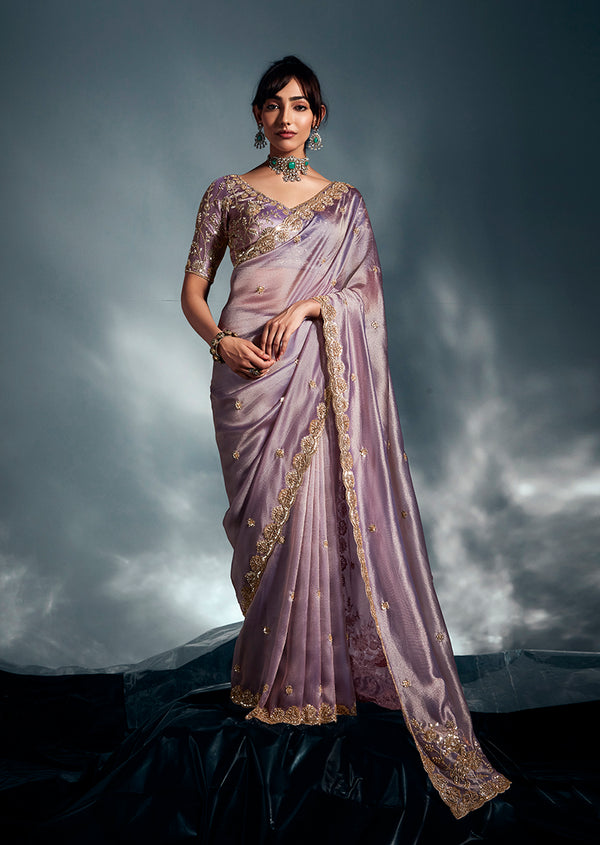 Monjolika Fashion Lilac Tissue Organza Saree With Moti, Cutdana & Sequin Work