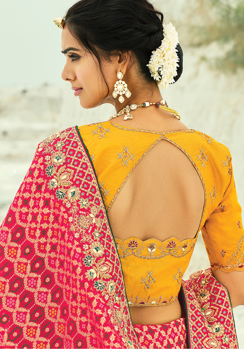 Monjolika Fashion Rani Pink Embroidered Georgette Bandhej Designer Saree