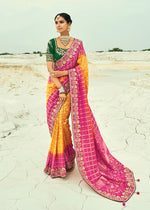 Thumbnail for Monjolika Fashion Mustard And Rani Pink Embroidered Georgette Bandhej Designer Saree