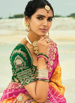 Thumbnail for Monjolika Fashion Mustard And Rani Pink Embroidered Georgette Bandhej Designer Saree