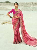 Thumbnail for Monjolika Fashion Rani Pink Embroidered Georgette Bandhej Designer Saree