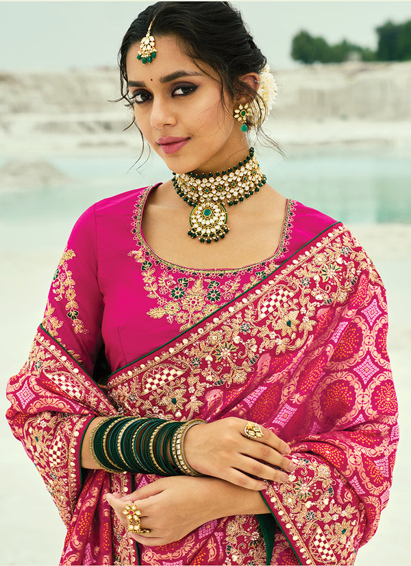 Monjolika Fashion Rani Pink Embroidered Georgette Bandhej Designer Saree