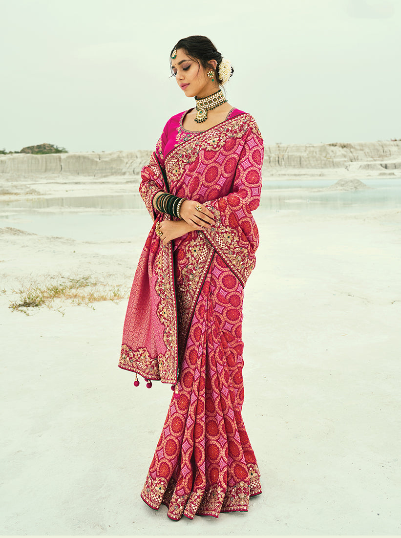 Monjolika Fashion Rani Pink Embroidered Georgette Bandhej Designer Saree