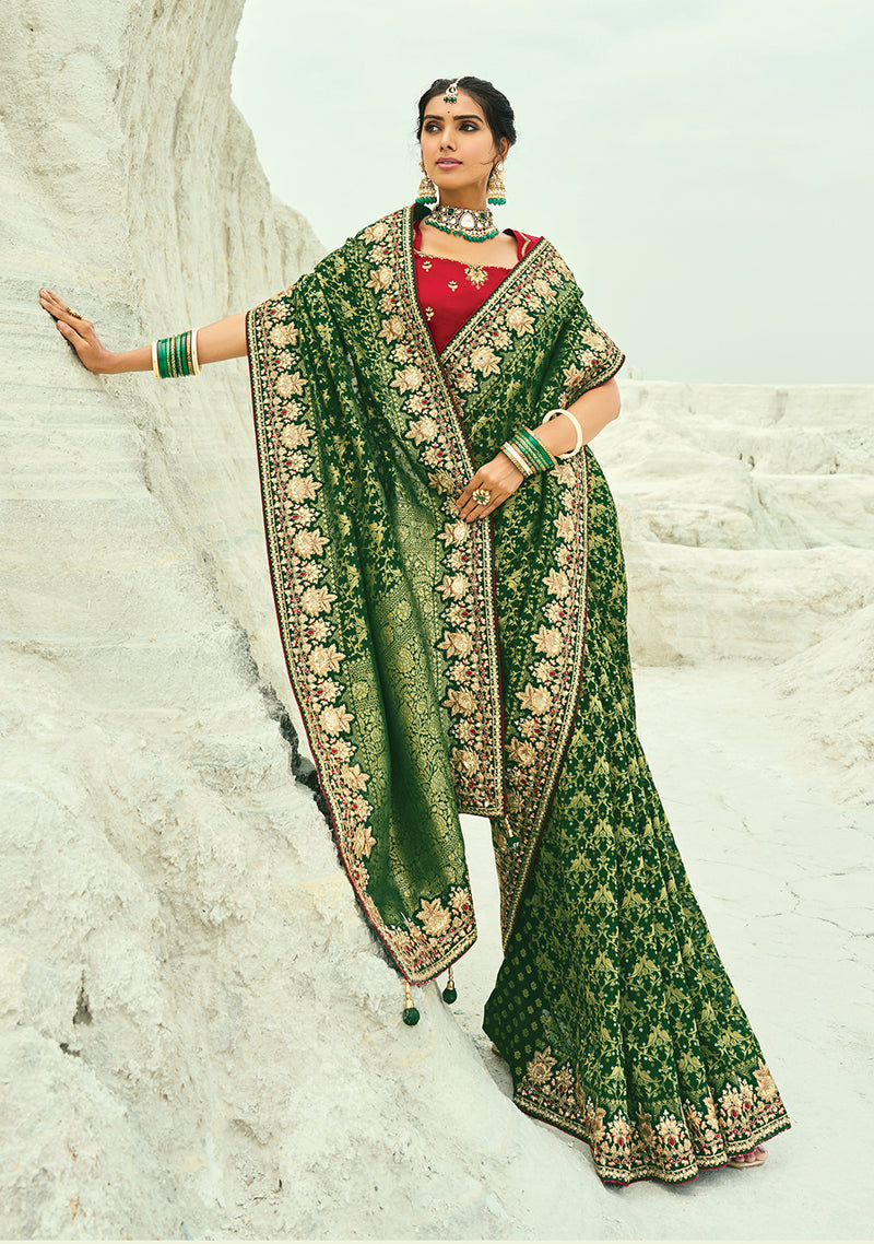Monjolika Fashion Green Embroidered Georgette Bandhej Designer Saree