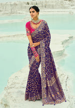 Thumbnail for Monjolika Fashion Violet Embroidered Georgette Bandhej Designer Saree