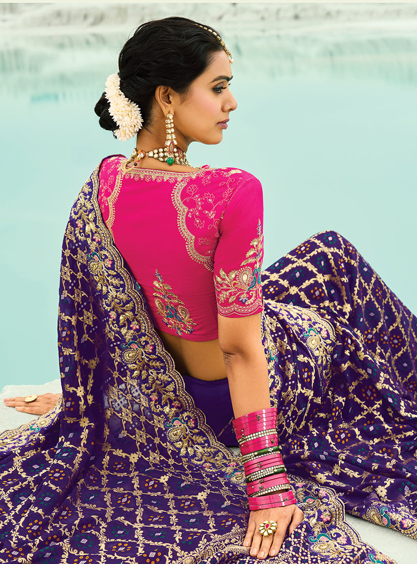 Monjolika Fashion Violet Embroidered Georgette Bandhej Designer Saree