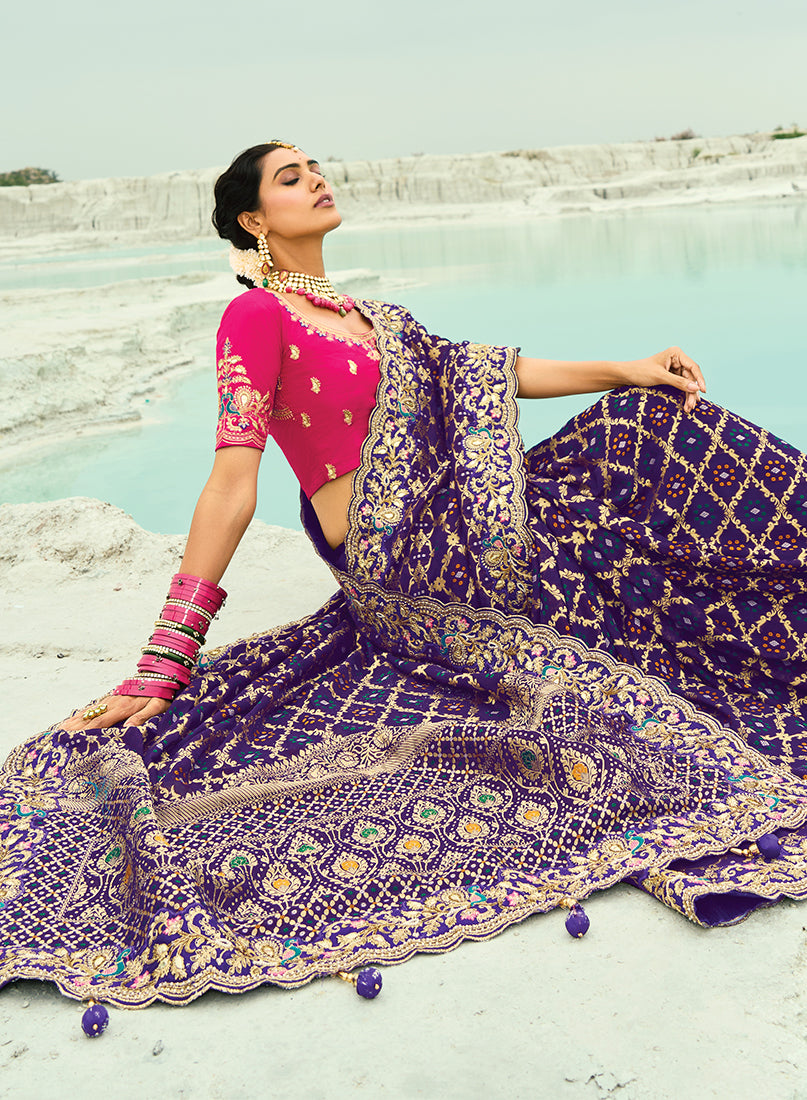 Monjolika Fashion Violet Embroidered Georgette Bandhej Designer Saree