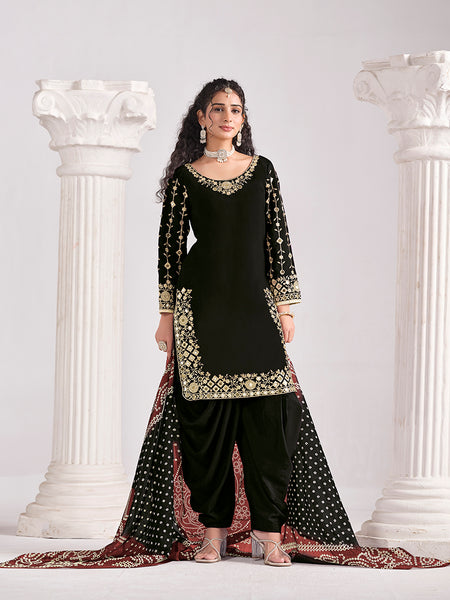 Monjolika Fashion Embroidered Chanderi Silk Black Mirror Work Salwar Kameez