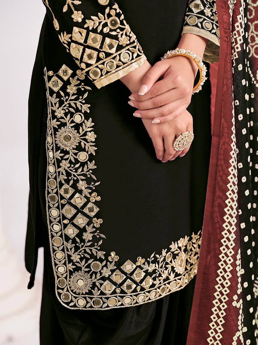 Monjolika Fashion Embroidered Chanderi Silk Black Mirror Work Salwar Kameez