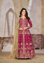 Thumbnail for Monjolika Fashion Rani Pink Color Art Silk Embroidered Anarkali Salwar Kameez