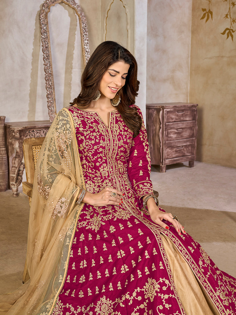 Monjolika Fashion Rani Pink Color Art Silk Embroidered Anarkali Salwar Kameez