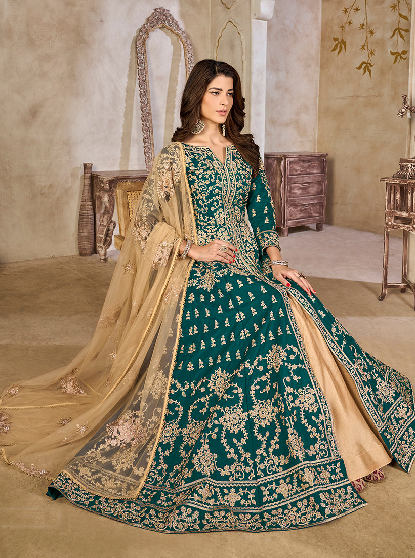 Monjolika Fashion Teal Color Art Silk Embroidered Anarkali Salwar Kameez