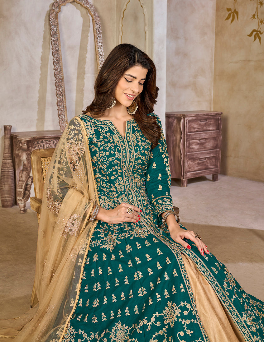Monjolika Fashion Teal Color Art Silk Embroidered Anarkali Salwar Kameez