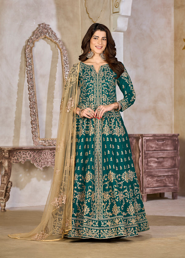 Monjolika Fashion Teal Color Art Silk Embroidered Anarkali Salwar Kameez