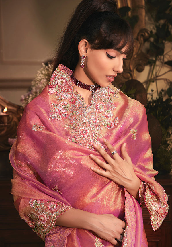Monjolika Fashion Designer Pink Tissue Organza Saree With All Over Butta Work & Heavy Stone Embellished Border