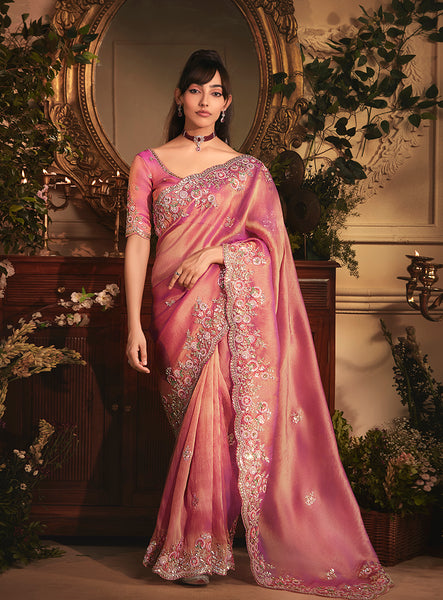 Monjolika Fashion Designer Pink Tissue Organza Saree With All Over Butta Work & Heavy Stone Embellished Border