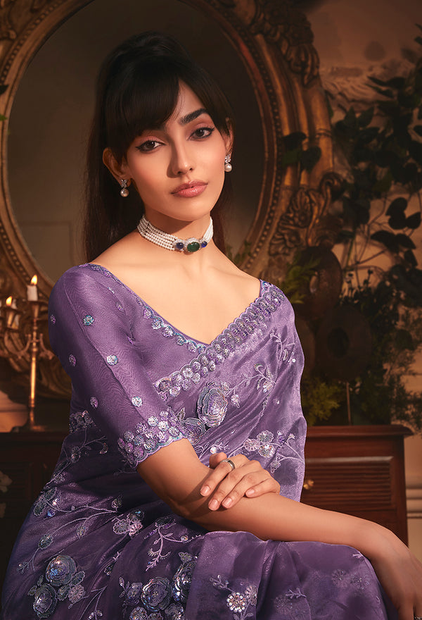 Monjolika Fashion Designer Purple Tissue Organza Saree With All Over Butta Work & Heavy Stone Embellished Border