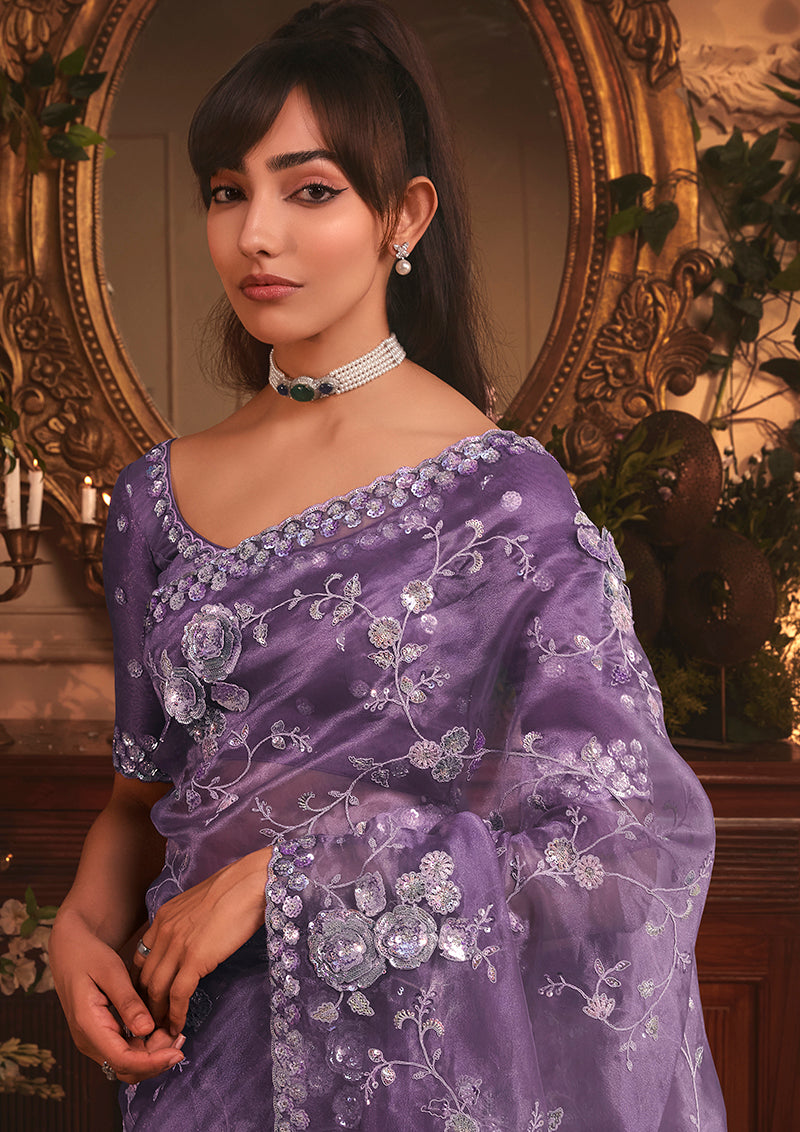 Monjolika Fashion Designer Purple Tissue Organza Saree With All Over Butta Work & Heavy Stone Embellished Border