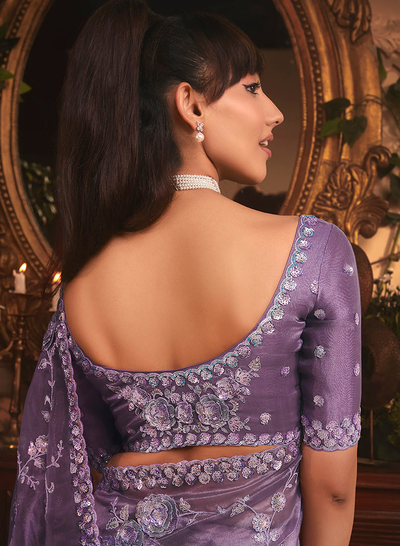 Monjolika Fashion Designer Purple Tissue Organza Saree With All Over Butta Work & Heavy Stone Embellished Border