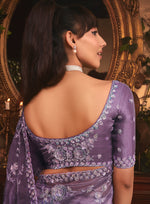 Thumbnail for Monjolika Fashion Designer Purple Tissue Organza Saree With All Over Butta Work & Heavy Stone Embellished Border