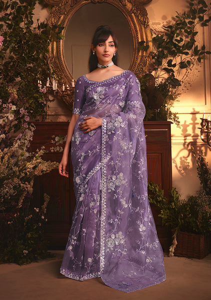 Monjolika Fashion Designer Purple Tissue Organza Saree With All Over Butta Work & Heavy Stone Embellished Border