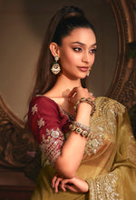 Thumbnail for Monjolika Fashion Designer Golden Tissue Organza Saree With All Over Butta Work & Heavy Stone Embellished Border