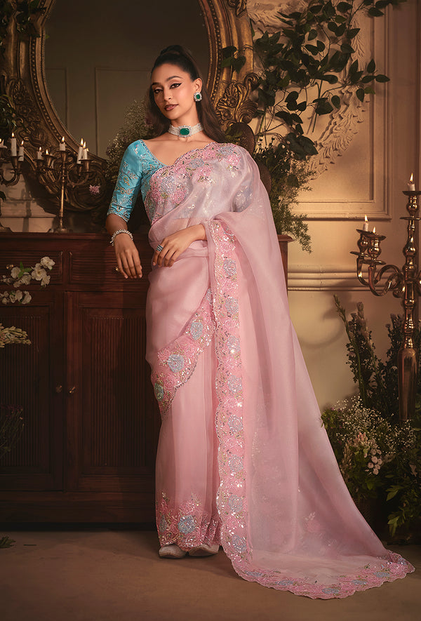 Monjolika Fashion Designer Light Pink Tissue Organza Saree With All Over Butta Work & Heavy Stone Embellished Border