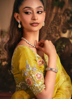 Thumbnail for Monjolika Fashion Designer Mustard Tissue Organza Saree With All Over Butta Work & Heavy Stone Embellished Border