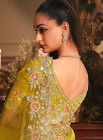 Thumbnail for Monjolika Fashion Designer Mustard Tissue Organza Saree With All Over Butta Work & Heavy Stone Embellished Border