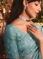 Thumbnail for Monjolika Fashion Designer Aqua Blue Tissue Organza Saree With All Over Butta Work & Heavy Stone Embellished Border