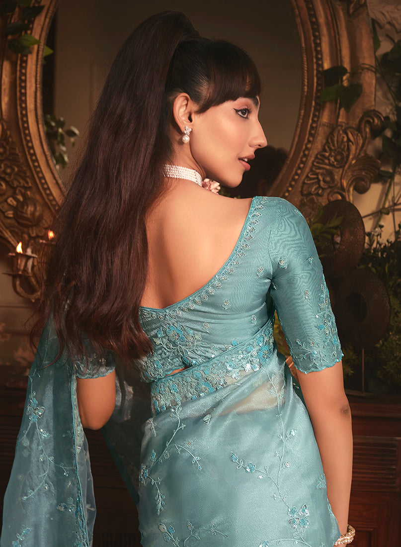 Monjolika Fashion Designer Aqua Blue Tissue Organza Saree With All Over Butta Work & Heavy Stone Embellished Border