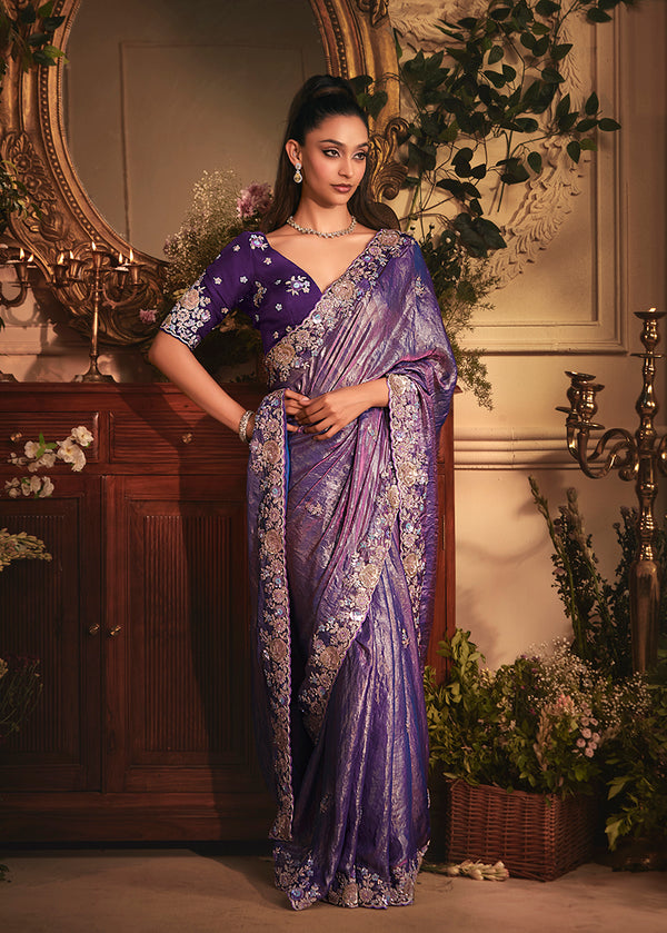 Monjolika Fashion Designer Purple Tissue Organza Saree With All Over Butta Work & Heavy Stone Embellished Border