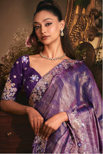 Thumbnail for Monjolika Fashion Designer Purple Tissue Organza Saree With All Over Butta Work & Heavy Stone Embellished Border