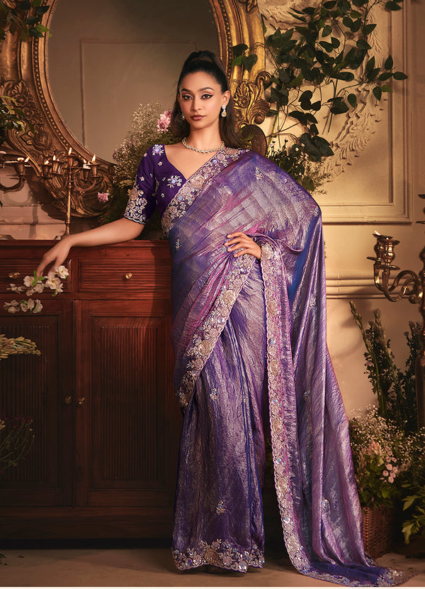 Monjolika Fashion Designer Purple Tissue Organza Saree With All Over Butta Work & Heavy Stone Embellished Border