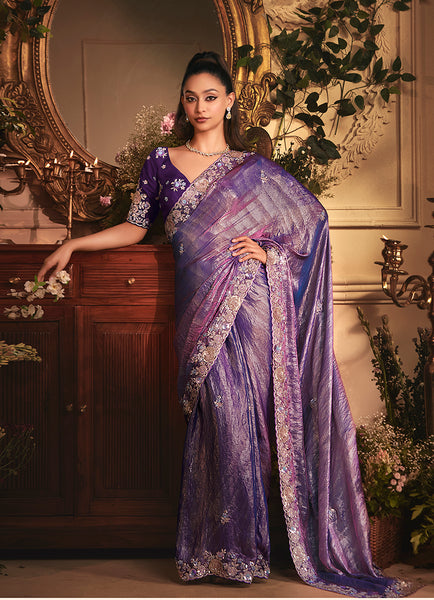 Monjolika Fashion Designer Purple Tissue Organza Saree With All Over Butta Work & Heavy Stone Embellished Border