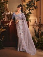 Thumbnail for Monjolika Fashion Designer Light Lilac Tissue Organza Saree With All Over Butta Work & Heavy Stone Embellished Border