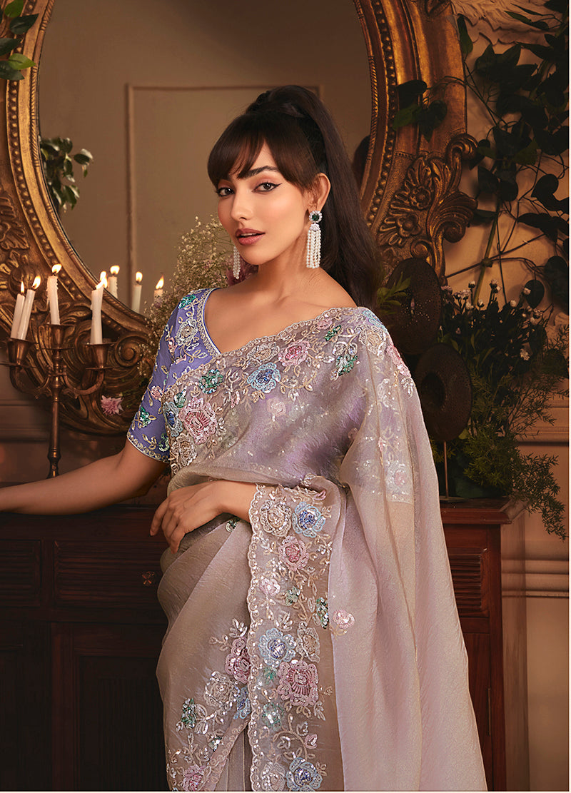 Monjolika Fashion Designer Light Lilac Tissue Organza Saree With All Over Butta Work & Heavy Stone Embellished Border