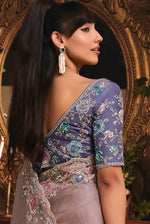 Thumbnail for Monjolika Fashion Designer Light Lilac Tissue Organza Saree With All Over Butta Work & Heavy Stone Embellished Border