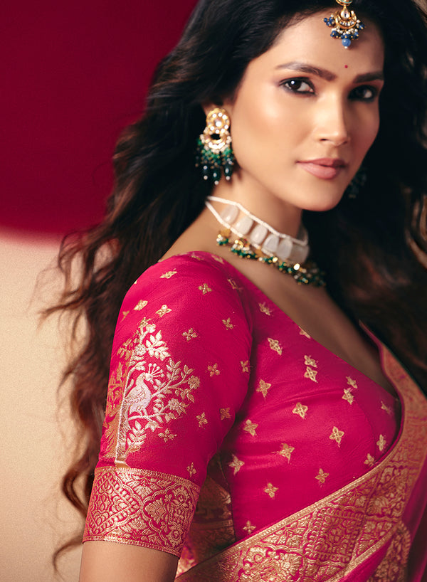 Monjolika Fashion Viscose Silk Rani Pink Saree With Rich Zari Weaving & Designer Tassels