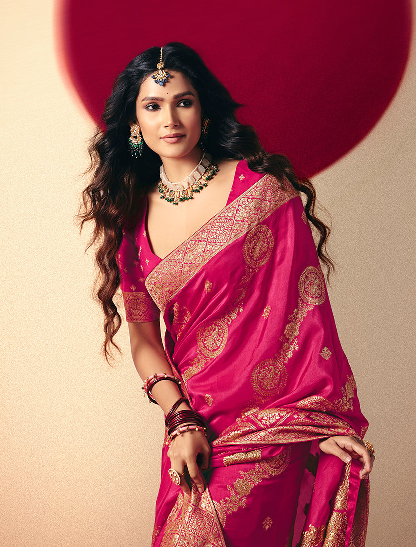 Monjolika Fashion Viscose Silk Rani Pink Saree With Rich Zari Weaving & Designer Tassels