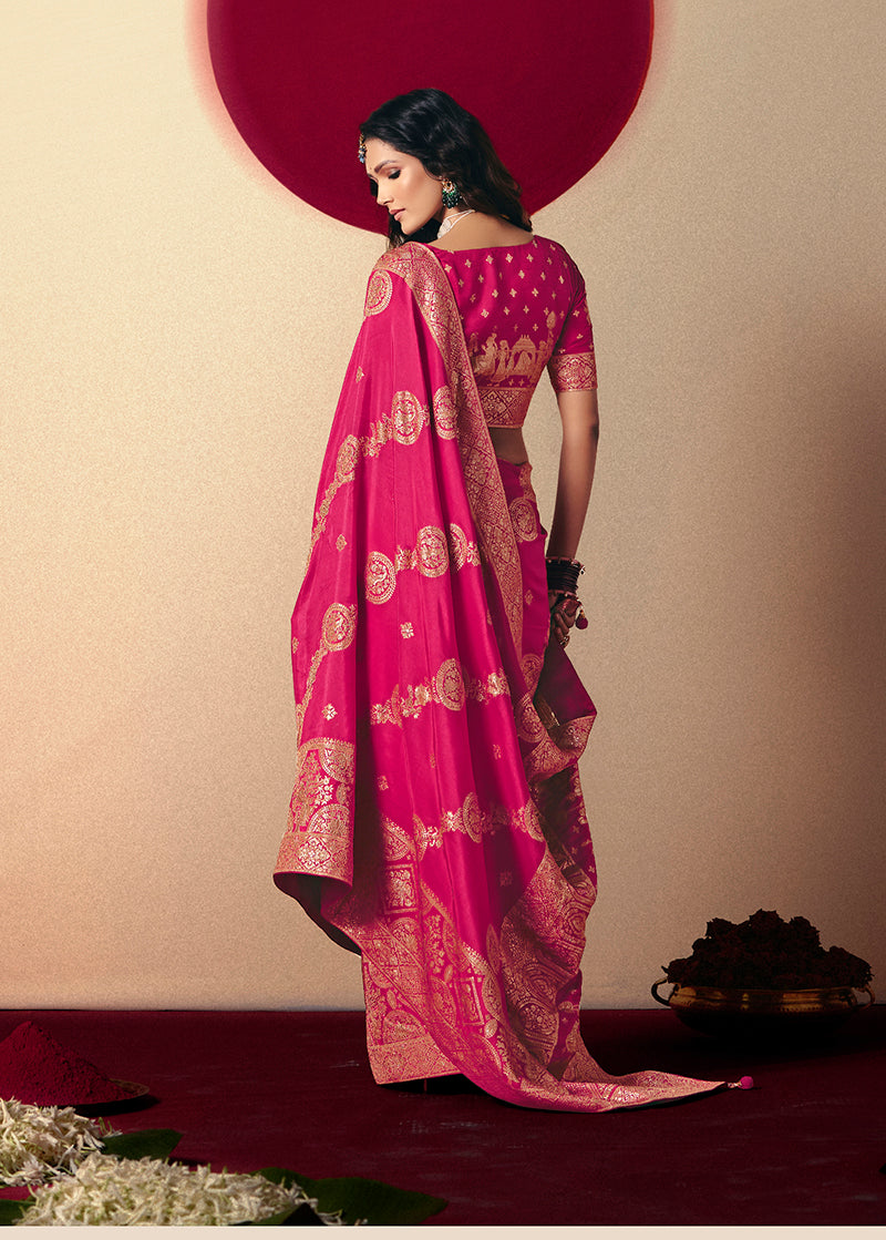 Monjolika Fashion Viscose Silk Rani Pink Saree With Rich Zari Weaving & Designer Tassels