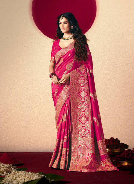 Monjolika Fashion Viscose Silk Rani Pink Saree With Rich Zari Weaving & Designer Tassels