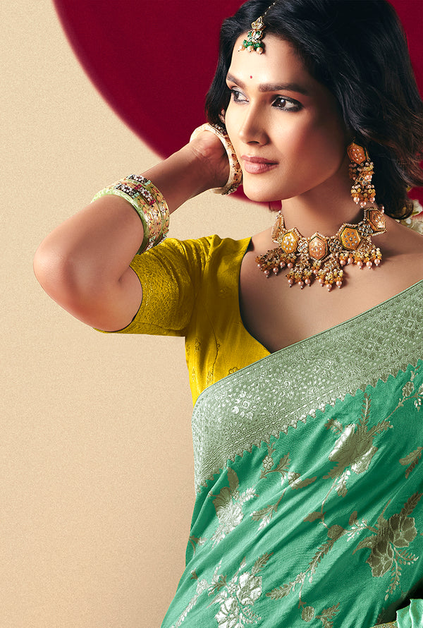 Monjolika Fashion Viscose Silk Sea Green Saree With Rich Zari Weaving & Designer Tassels