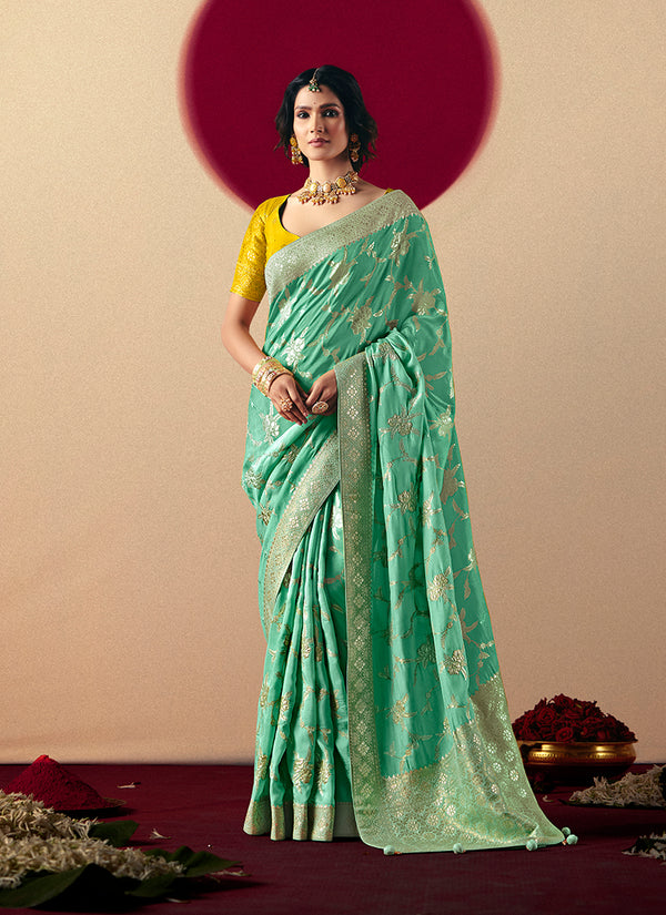 Monjolika Fashion Viscose Silk Sea Green Saree With Rich Zari Weaving & Designer Tassels